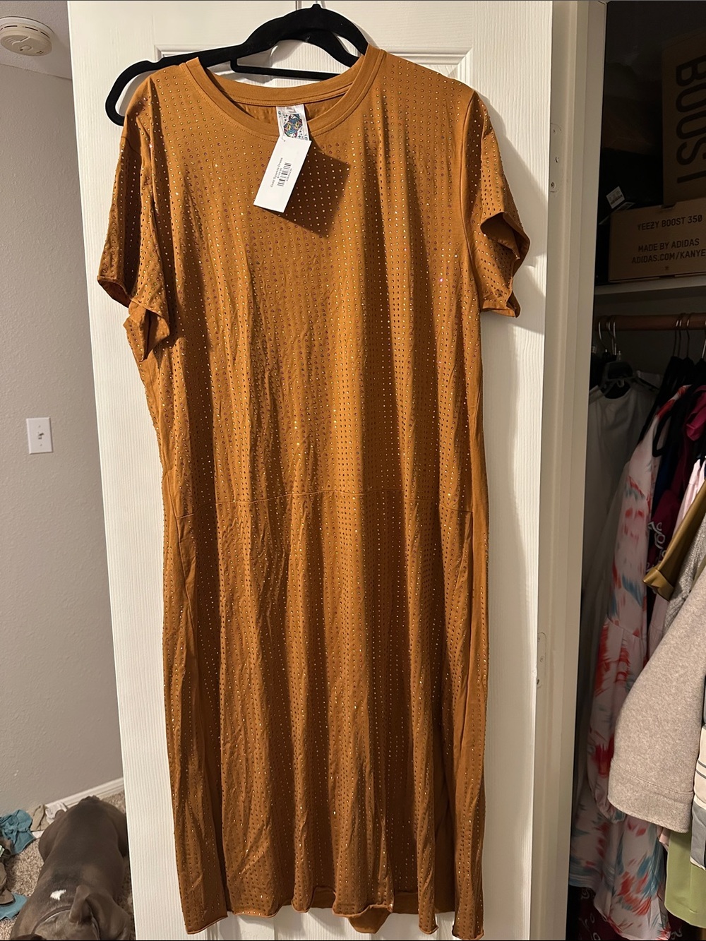 QUEEN OF SPARKLES Studded Short-Sleeve Midi Dress - Mustard